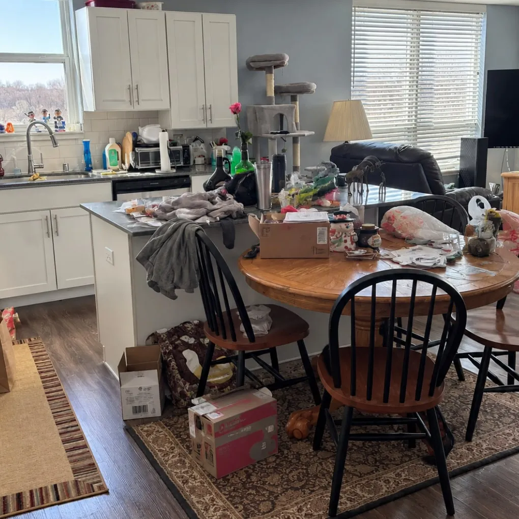 Kitchen and dining area before cleaning, with clutter on the island and table