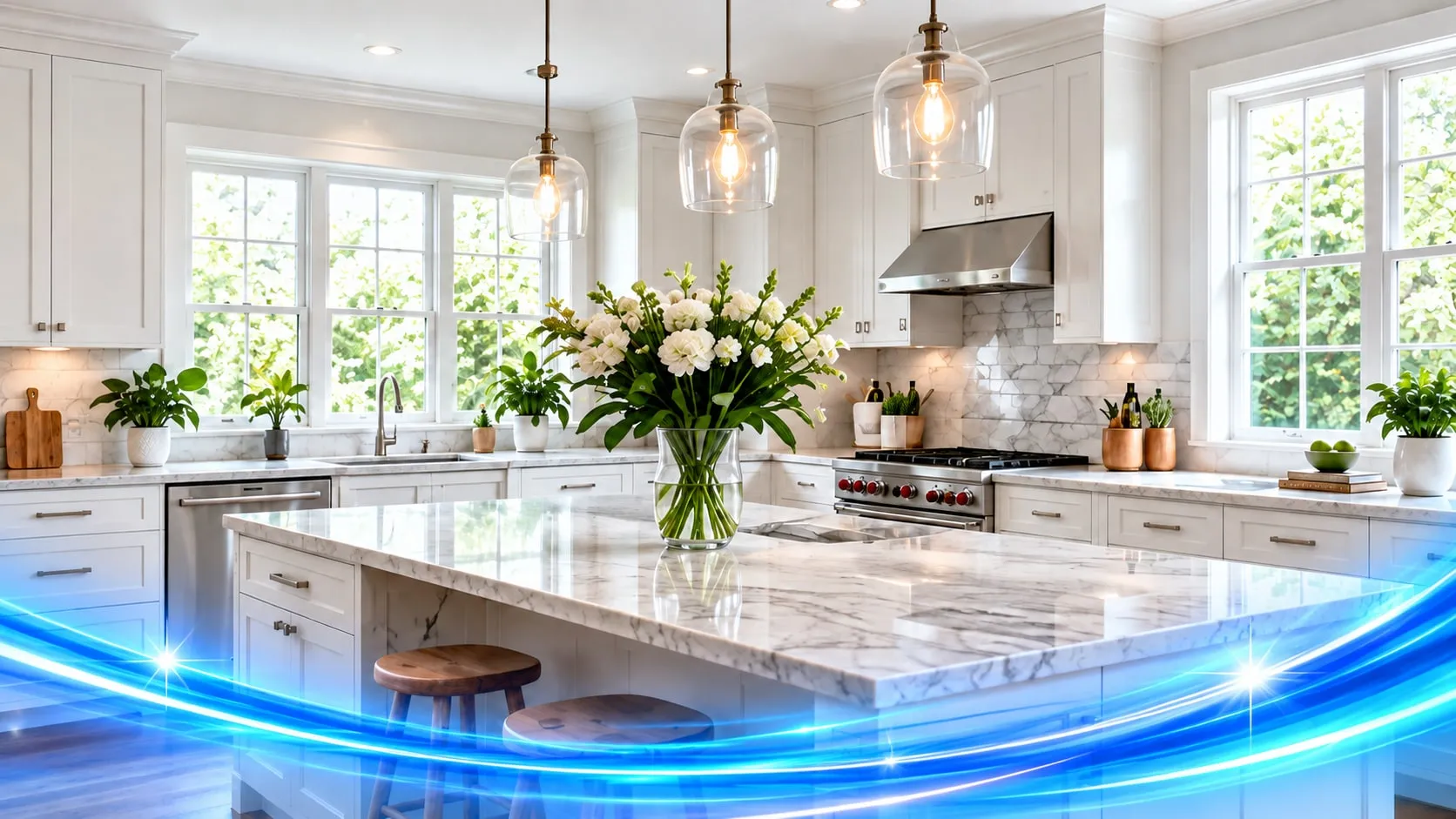A bright, spotless white kitchen with marble countertops and a sunny window